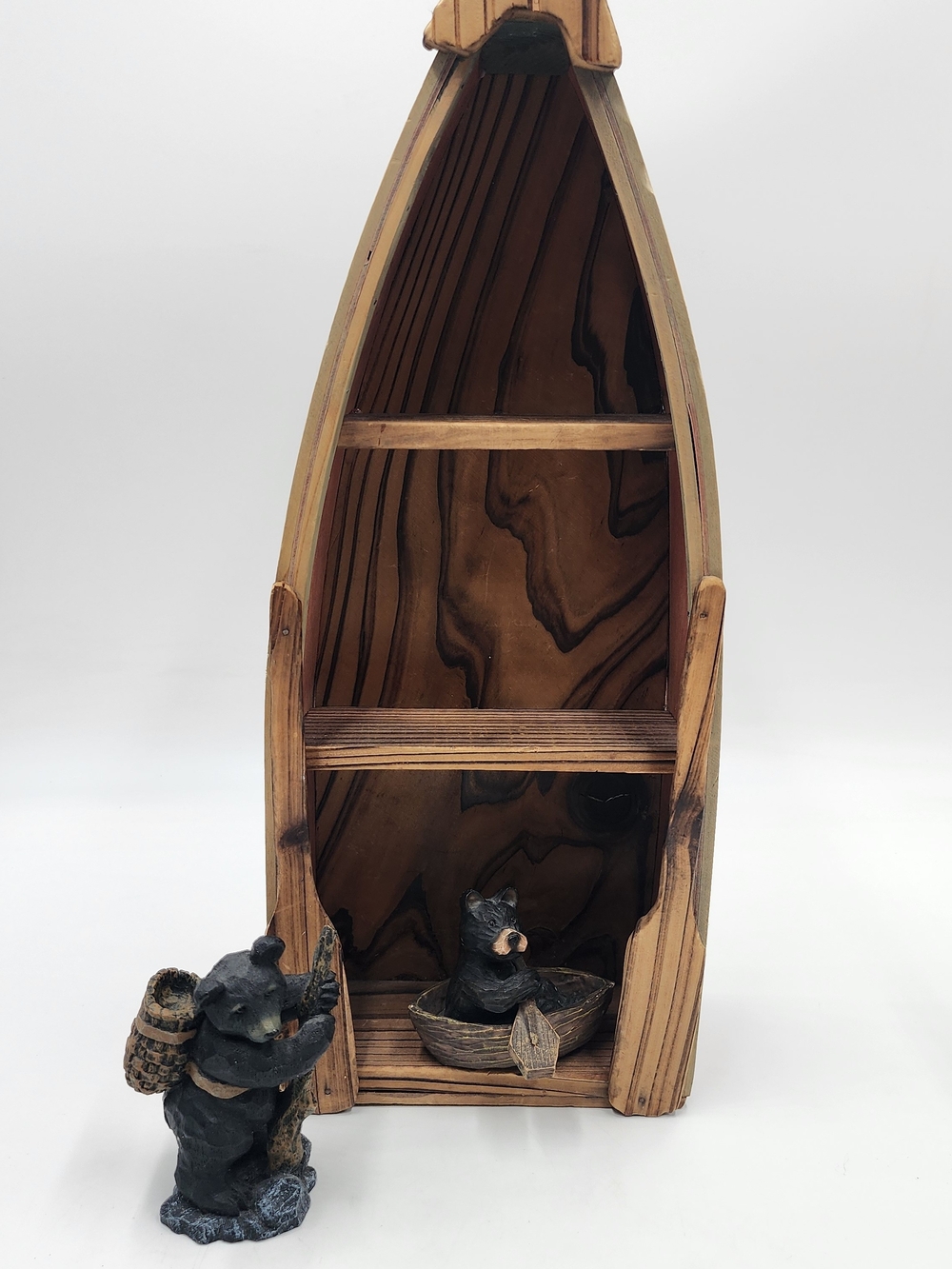 Wooden Boat Shelf with Rustic Bear Figurines - Brown